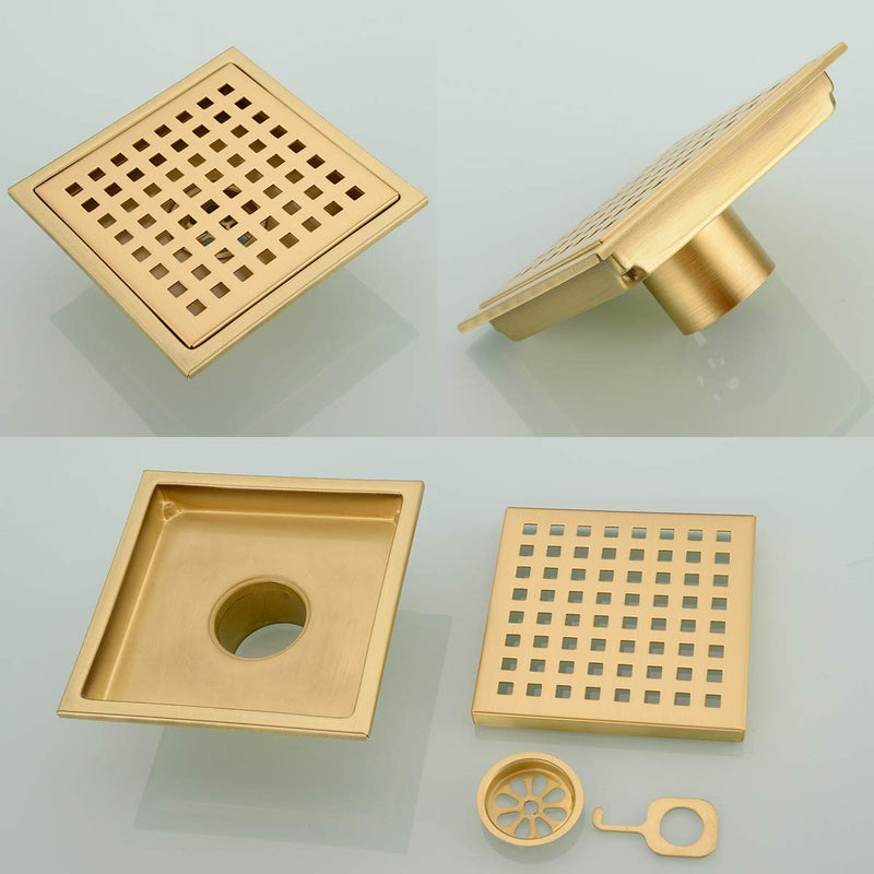 Orhemus 6 inch Stainless Steel Square Shower Floor Drain with Threaded Adapter, Removable Cover Grid Grate, Brushed Gold Brass Finished - Image 2